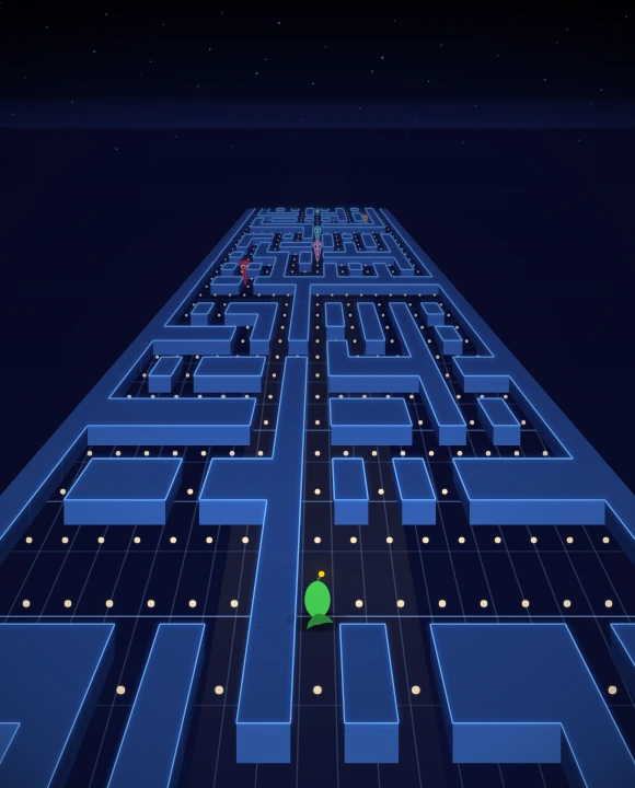 Octo-Run: a green anglerfish swims up a neon 3D racetrack, dodging pursuing octopuses.