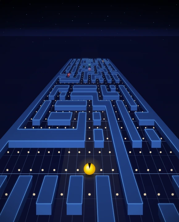 Pac-Run: a yellow Pac-Man sprints up a neon 3D racetrack, dodging pursuing ghosts.